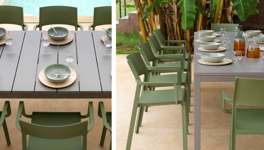 Detalle mesa en color tortora y sillas en color agave