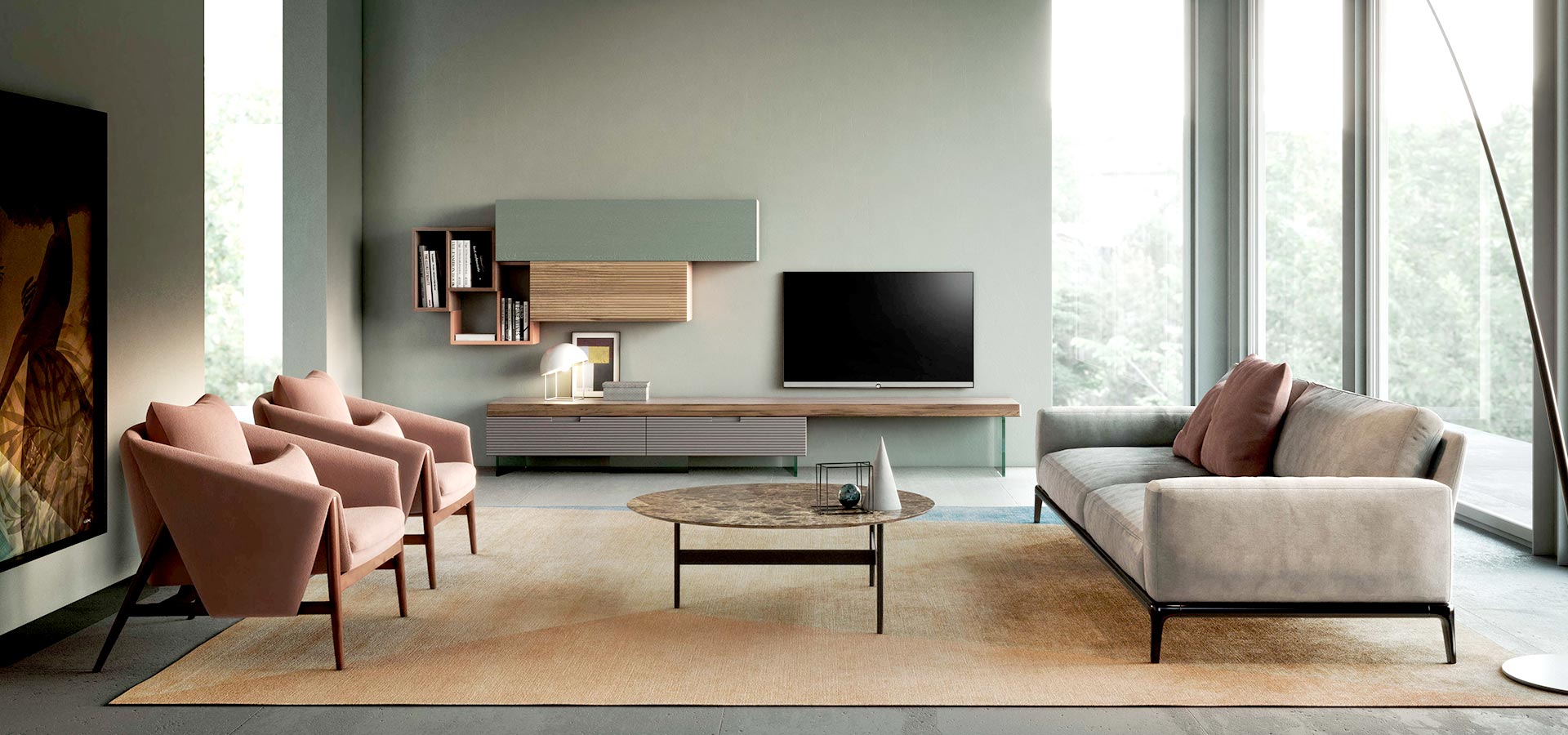Muebles de tv para el salón, sofás, mesitas de centro y auxiliares de diseño.