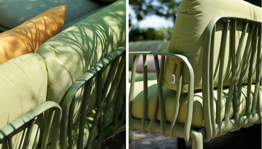 Detalle brazo y respaldo en color agave con cojines en color avocado sunbrella
